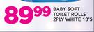 Baby Soft Toilet Rolls 2 Ply White 18’s