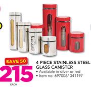 4 Piece Stainless Steel Glass Canister In Silver Or Red-Each