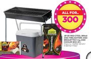 Campmaster JB100 Mini Steel Braai, Firelighters,  Briquttes 5Kg And 25Ltr Cooler Box-For All
