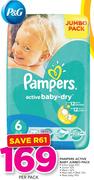 Pampers Active Baby Jumbo Pack(XL 44's/Junior 52's/Maxi+ 62's/Maxi 66's/Midi 76's Or NB 94's)-Per PK