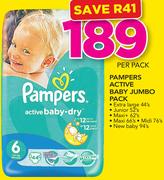 Pampers Active Baby Jumbo Pack(XL 44's/Junior 52's/Maxi+ 62's/Maxi 66's/Midi 76/s or NB 94's)-Per PK