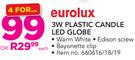 Eurolux 3W Plastic Candle LED Globe In Edison Screw or Bayonette Clip-For 4
