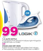 Logik 1.7Ltr Auto Kettle Or Steam And Dry Iron-Each