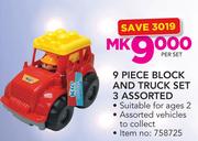 9 Piece Block And Truck Set 3 Assorted-Per Set