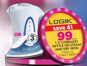 Logik 1.7Ltr Cordless Kettle Or Steam And Dry Iron-Each