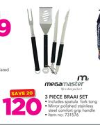 Megamaster 3 Piece Braai Set Includes Spatula Fork Tong