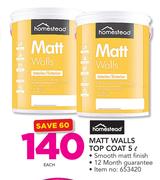 Homestead Matt Walls Top Coat-5Ltr Each
