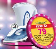 Logik Steam & Dry Iron Or 1.7Ltr Cordless Kettle White-Each