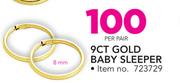 9CT Gold Baby Sleeper 8mm-Per Pair
