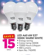 A60 6W E27 3000K Warm White LED-Each