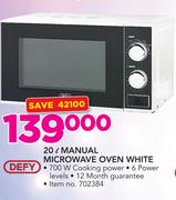Defy 20ltr Manual White Microwave Oven 