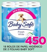 18 Rolos de Papel Higiénico de 2 Folhas Baby Soft