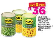 Koo Fresh Garden Peas 410g, Koo Creamstyle Sweet Corn 415g Or Whole Kernel Corn 410g-For Any 3
