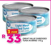 Great Value Shredded Tuna In Brine-3x170g