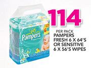 Pampers Fresh-6 x 64's Or Sensitive Wipes-6 x 56's Per Pack