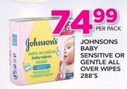Johnsons Baby Sensitive Or Gentle All Over Wipes-288's Per Pack