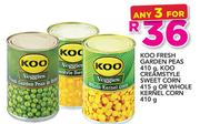 Koo Fresh Garden Peas 410g, Koo Creamstyle Sweet Corn 415g Or Whole Kernel Corn 410g-For Any 3