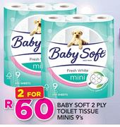 Baby Soft 2 Ply Toilet Tissue Minis 9's Pack-For 2