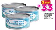 Great Value Shredded Tuna In Brine-3 x 170g