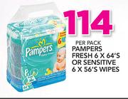 Pampers Fresh-6 x 64's Or Sensitive Wipes-6 x 56's Per Pack