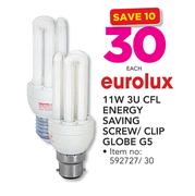 Eurolux 11W 3U CFL Energy Saving Screw/Clip Globe G5-Each