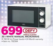 Defy 20Ltr White Manual Microwave