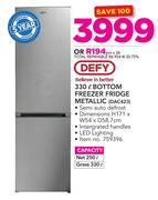 Defy 330Ltr Bottom Freezer Fridge Metallic DAC423