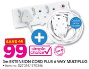Simple Choice 3m Extension Cord Plus 6 Way Multiplug