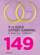 9 CT Gold 12mm Gypsey Earring-Each