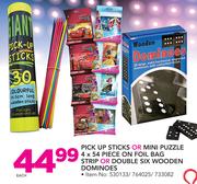 Pick Up Sticks/Mini Puzzle 4 x 54 Piece on Foil On Foil Bag Strip Or Double Six Wooden Dominoes-Each