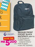 Aspen Medium Front Pocket Black Backpack-Each