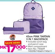 Island Club 43cm Pink Tartan 3 In 1 Backpack-Each Includes Lunch bag & Pencil Case