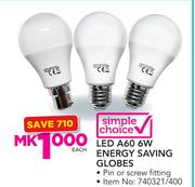 Simple Choice LED A60 6W Energy Saving Globes-Each