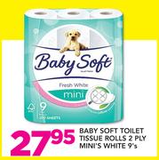 Baby Soft Toilet Tissue Rolls 2 Ply Mini's White-9 Per Pack