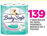 Baby Soft 9 Mini Rolos de Papel Higiênico Branco de 2 Folhas
