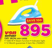 Von Hotpoint 1000W Dry Iron HDI1104SB