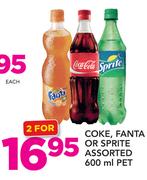 Coke, Fanta Or Sprite Assorted-2 x 600ml PET