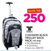 Tosca 3 Division Black Trolley Back Pack 797-83B