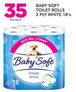 Baby Soft Toilet Rolls 2-Ply White 18’s-Per Pack