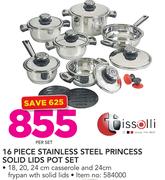 Tissolli 16-Piece Stainless Steel Princess Solid Lids Pot Set-Per Set