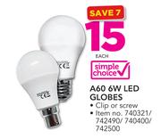 Simple Choice A60 6W LED Globes-Each