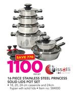 Tissoli 16 Piece Stainless Steel Princess Solid Lids Pot Set-Per Set