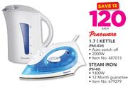 Pineware 1.7Ltr Kettle PAK-834 + Steam Iron PSI-60 Each
