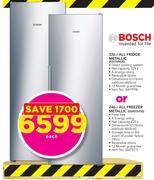 Bosch 326Ltr All Fridge Metallic KSV33NI30 Or Bosch 246Ltr All Freezer Metallic GSN33VI30-Each