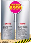 Bosch 326Ltr Fridge Metallic KSV33NI30 Or 246Ltr Freezer Metallic GSN33VI30