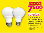 Eurolux Cool White 6W LED Screw On Or Clip On Globe-Each