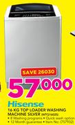 Hisense 16Kg Top Loader Washing Machine Silver WTQ1602S