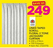 Always Home Lined Taped Scroll Floral 2 Tone Jacquard Curtain-230 x 218cm Per Drop