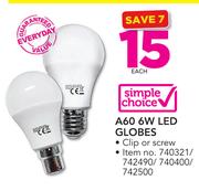 Simple Choice A60 6W LED Globes-Each