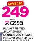 Casa Plain Printed 2 Flat Sheet Double Includes 2 Pillowcases
